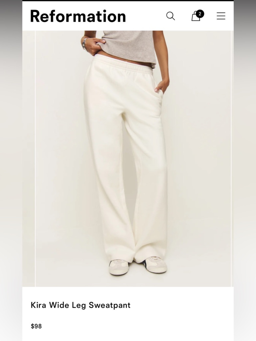 Reformation Kira Wide Leg Cream Sweatpants in XS